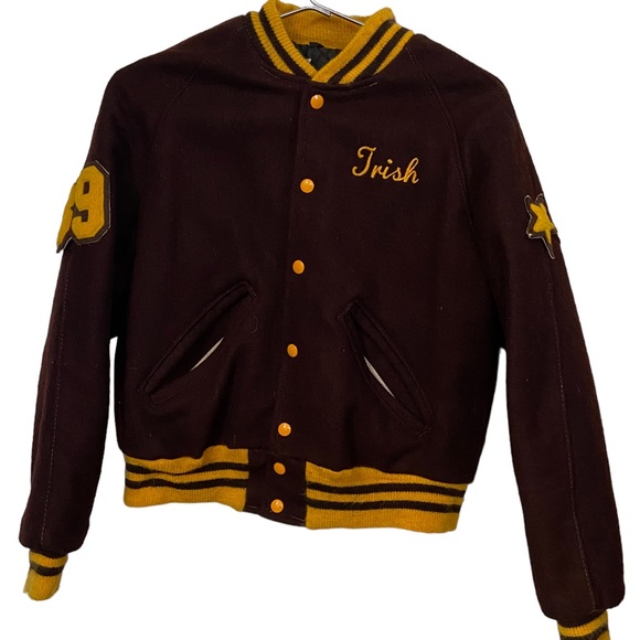 Vintage Other - Vintage 1989 High School Letterman Brown Varsity Bomber Jacket Women’s S IRISH